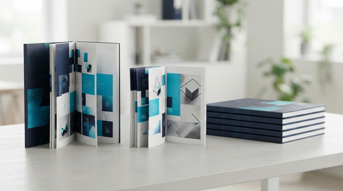 Bộ catalogue in màu hoàn thiện với bìa và trang ruột sắc nét trên bàn sáng