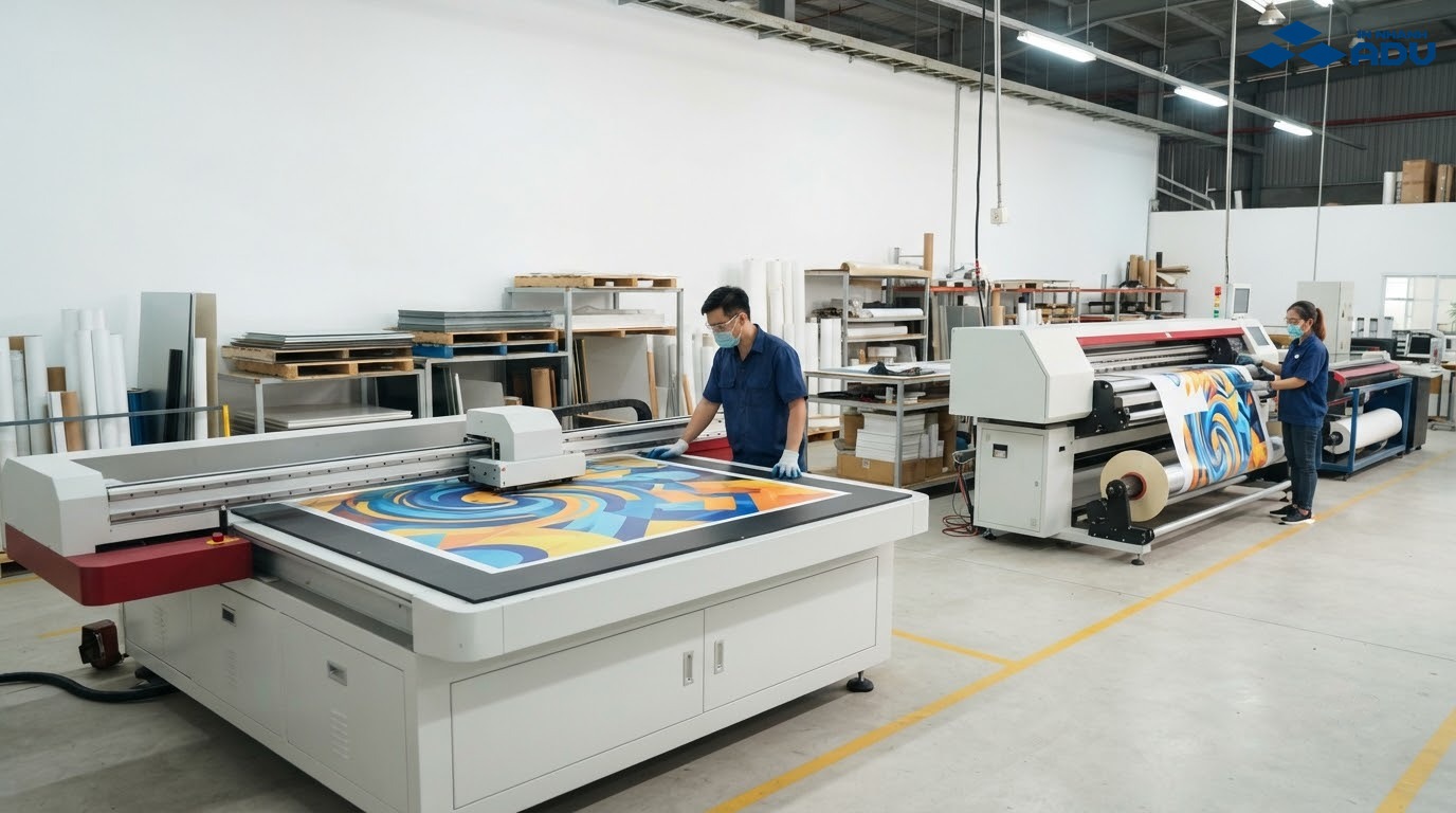Không gian xưởng với máy in UV phẳng và UV cuộn công nghiệp