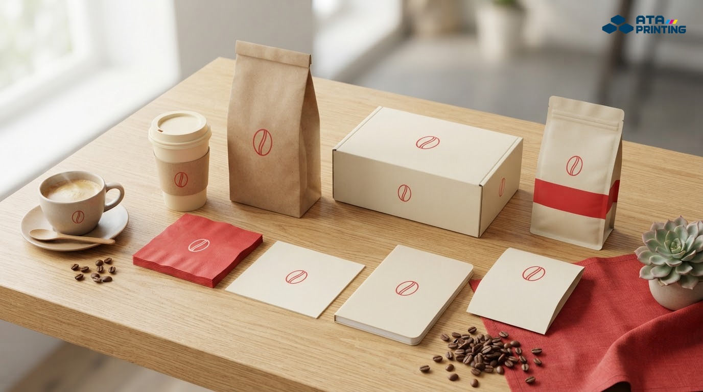 Biểu tượng hạt cà phê hình học đồng nhất trên ly, túi, hộp và ấn phẩm quán cafe