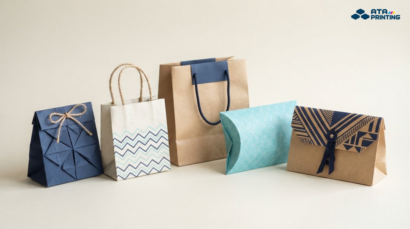 Túi giấy nắp gập, origami, quai dây, đáy vuông và túi mini hình gối