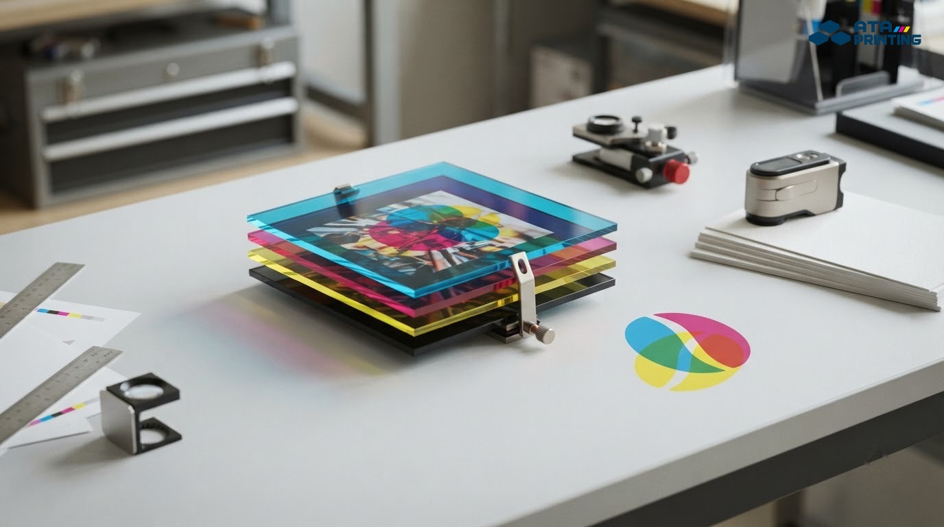Các lớp màu cyan, magenta, vàng và đen chồng lên nhau trên bàn kiểm màu in