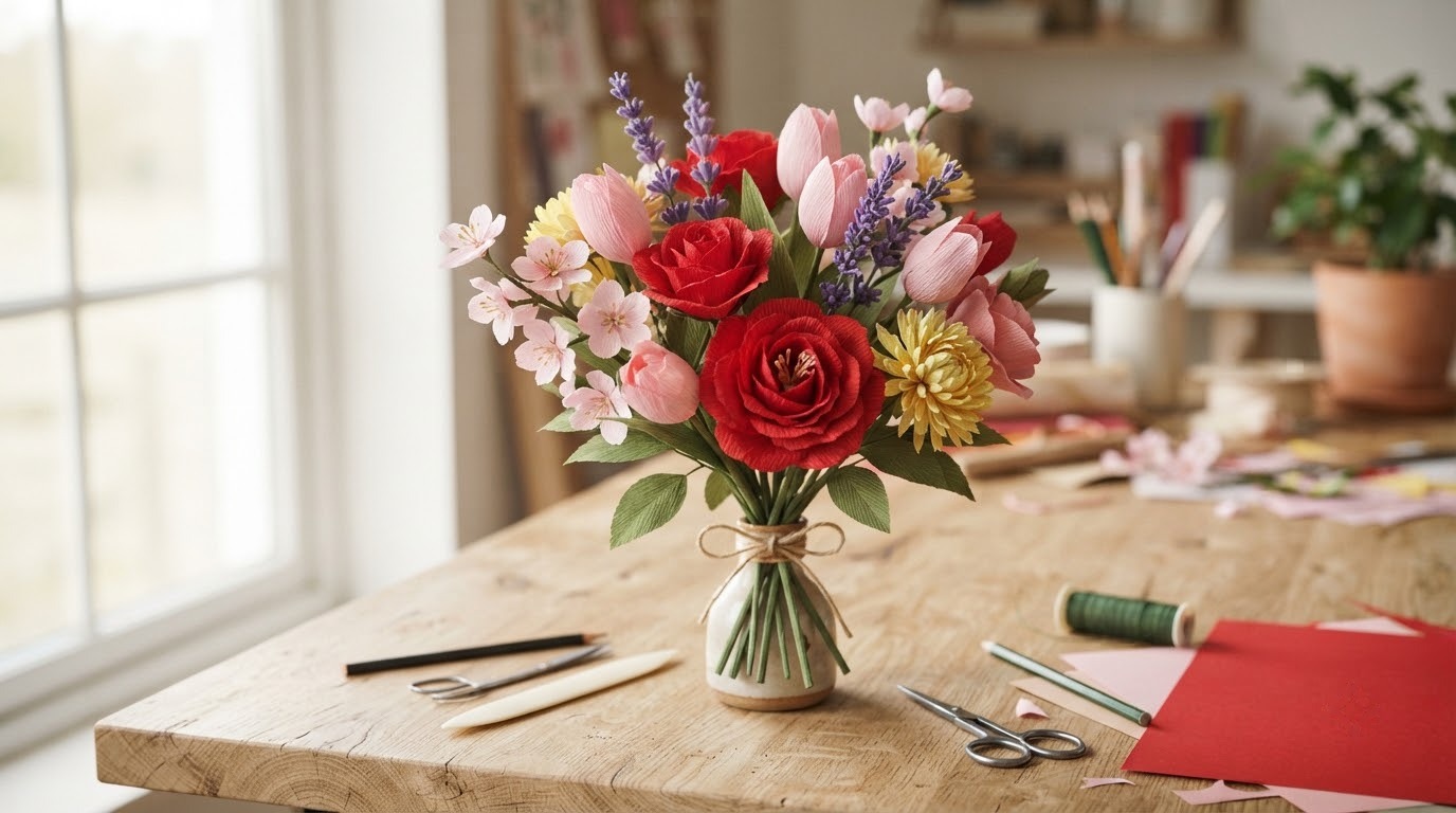 Bó hoa hồng, tulip, oải hương, anh đào và hoa cúc làm bằng giấy