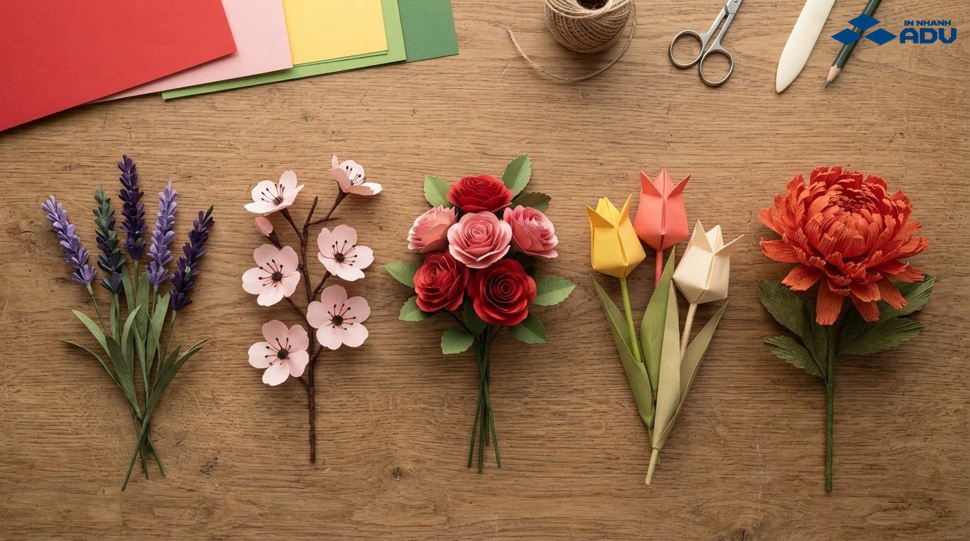 Năm mẫu hoa giấy thủ công gồm hoa hồng, tulip, oải hương, anh đào và hoa cúc
