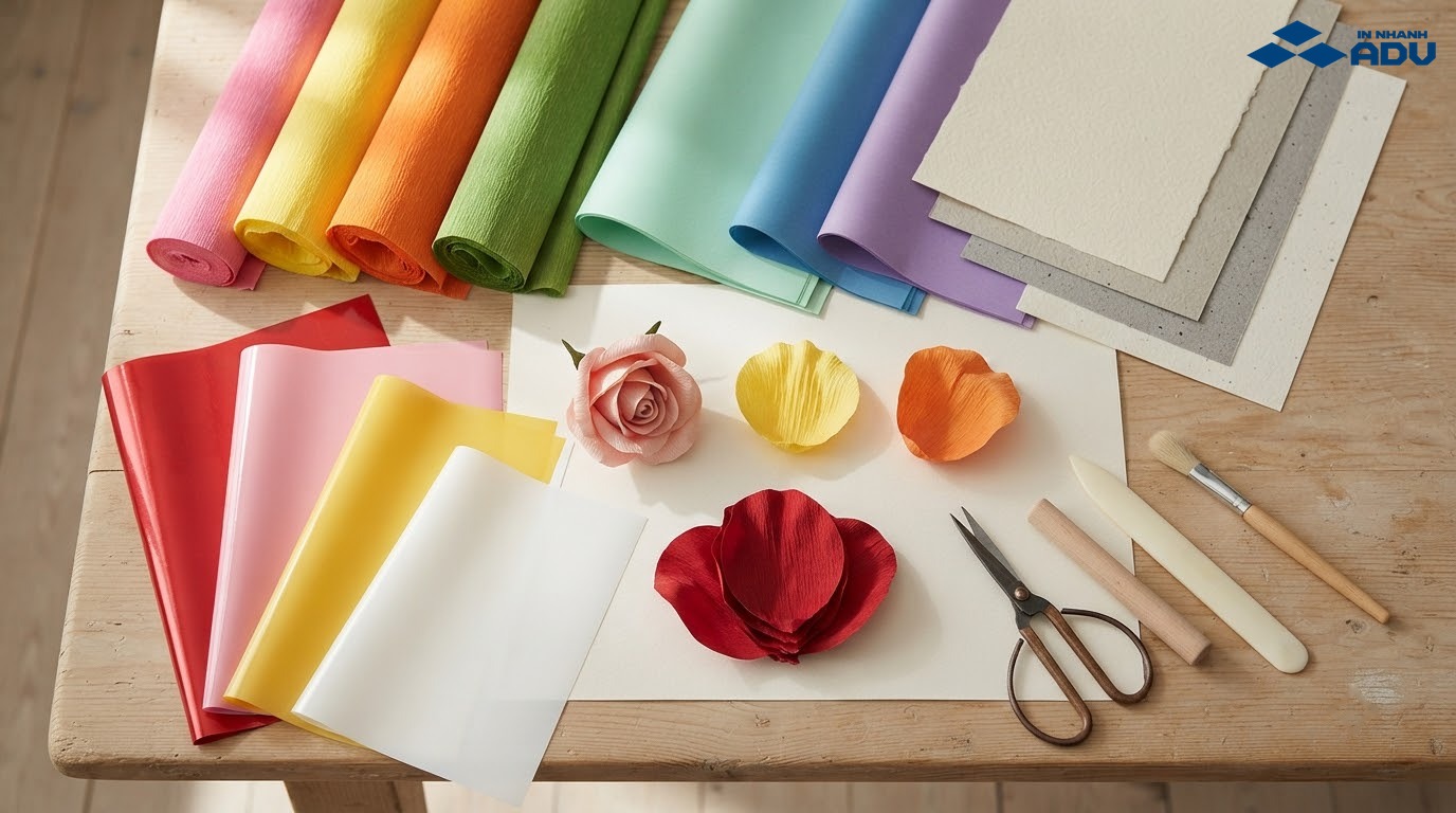 Giấy nhún, giấy mỹ thuật, giấy Ford và giấy Couche dùng làm hoa giấy