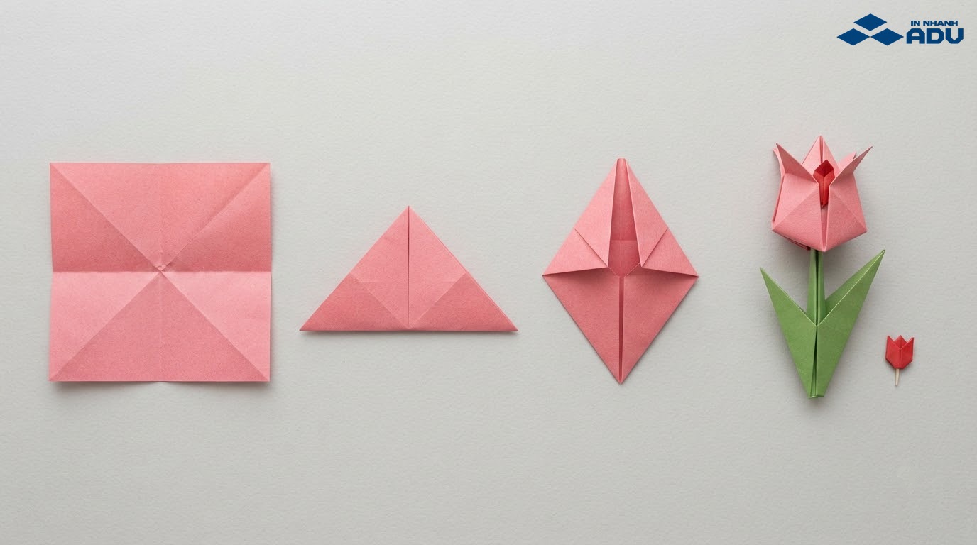 Các nếp gấp giấy hình vuông tạo thành hoa tulip Origami