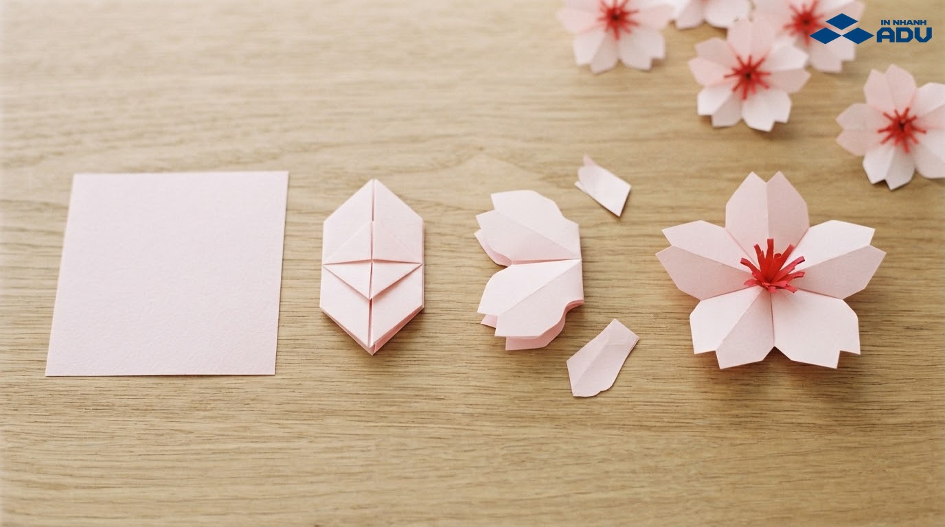 Giấy hồng gấp và cắt thành hoa anh đào năm cánh