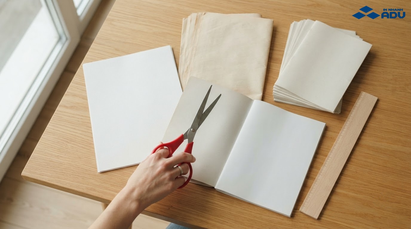 Giấy A4, giấy báo, tờ rơi, thước và kéo để gấp hộp