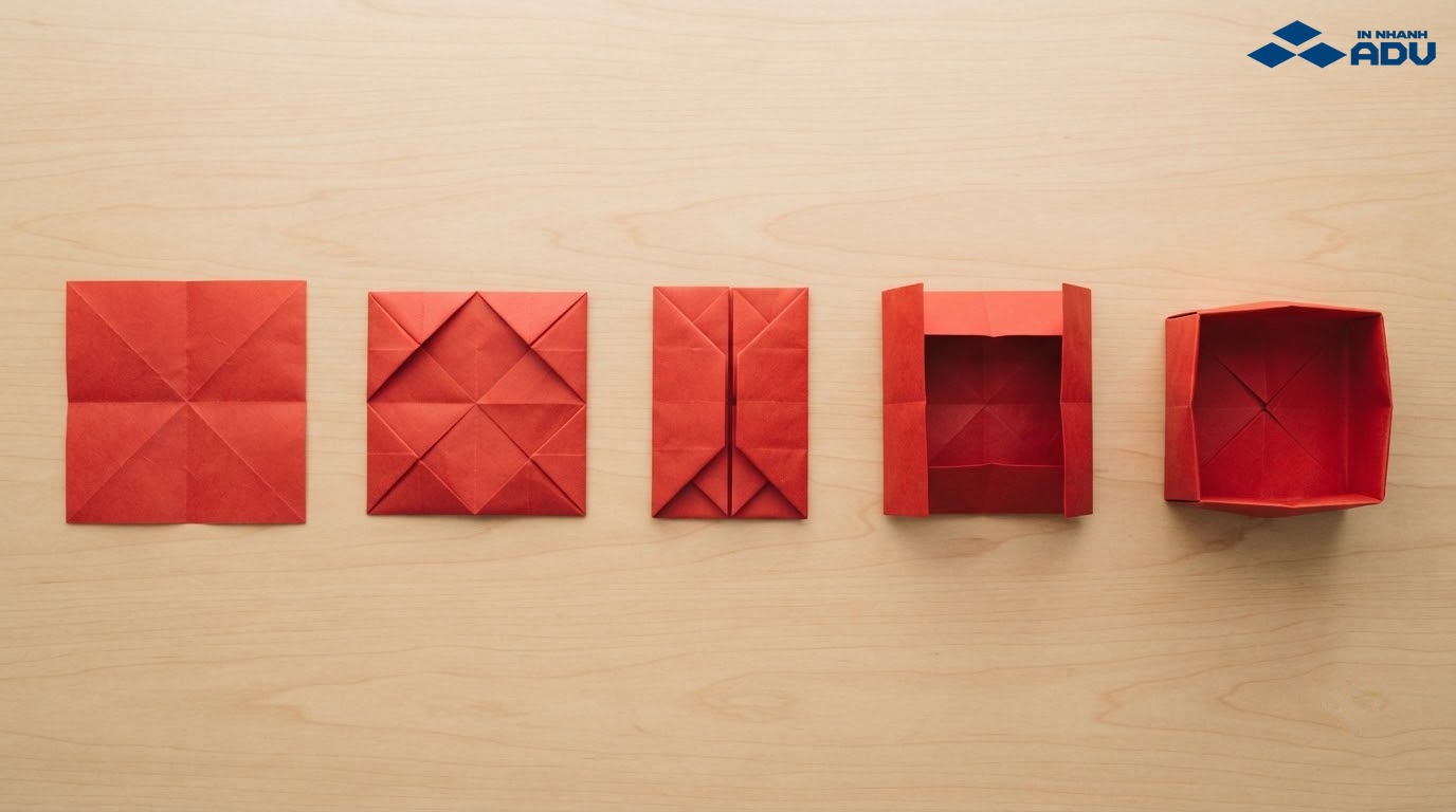 Trình tự gấp giấy hình vuông thành hộp Origami miệng rộng