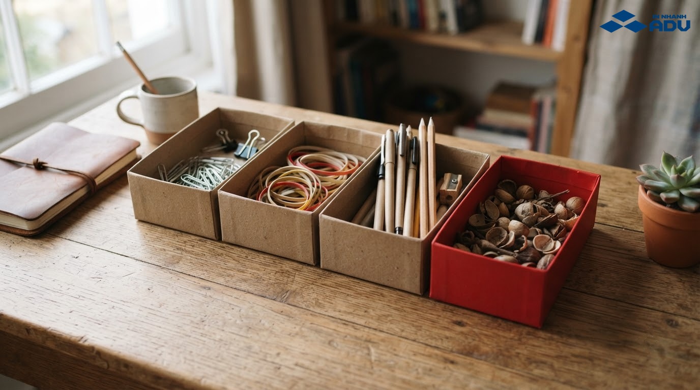 Các hộp giấy handmade đựng kẹp giấy, dây thun, bút và vỏ hạt