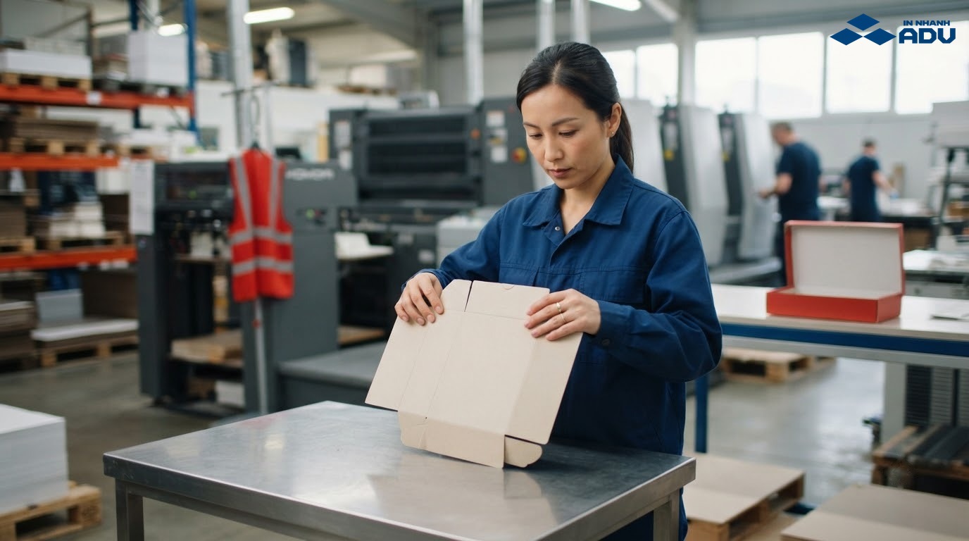 Nhân viên kiểm tra hộp giấy thành phẩm trong xưởng in hiện đại