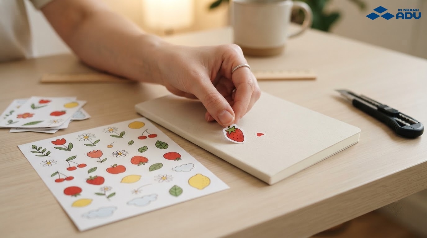 Mẫu sticker được in và cắt trên giấy decal có sẵn lớp keo