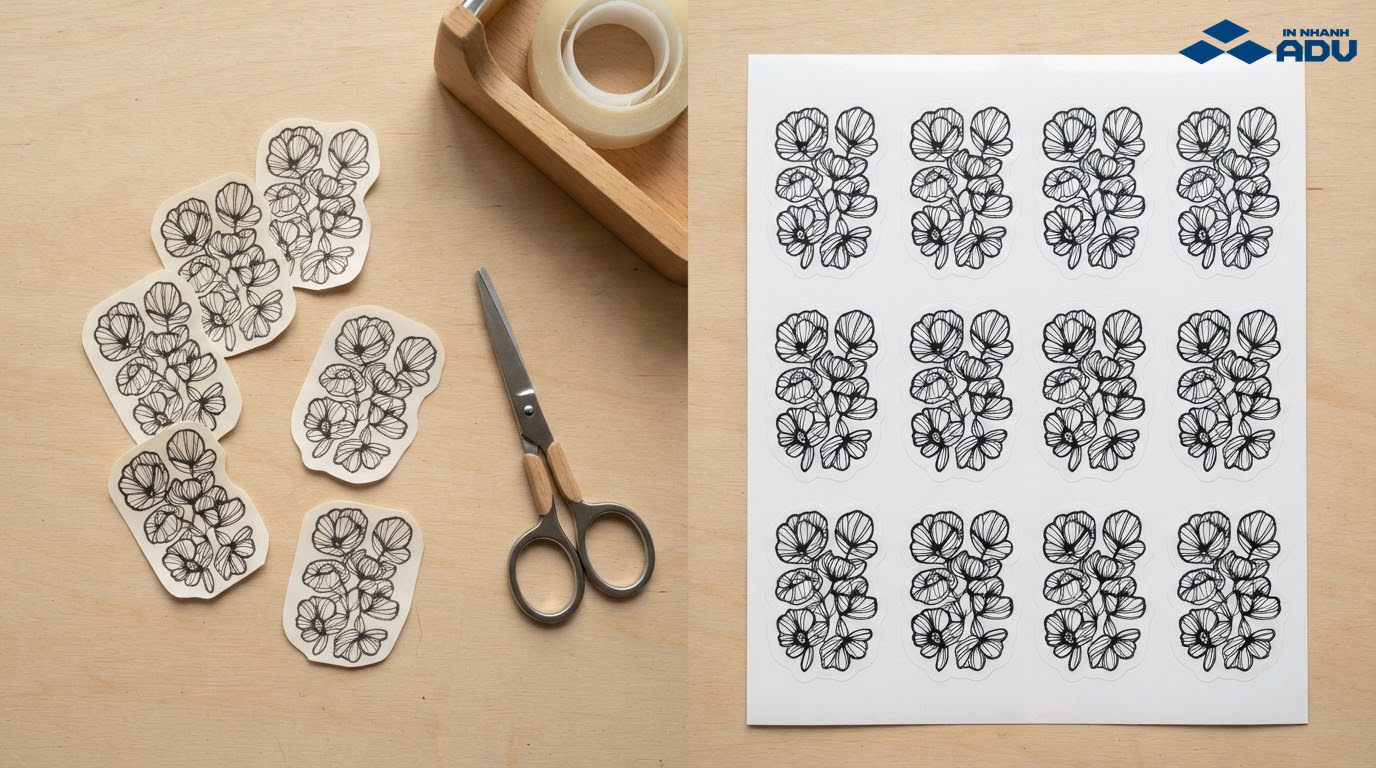 Sticker handmade tại nhà đặt cạnh sticker in công nghiệp đồng đều