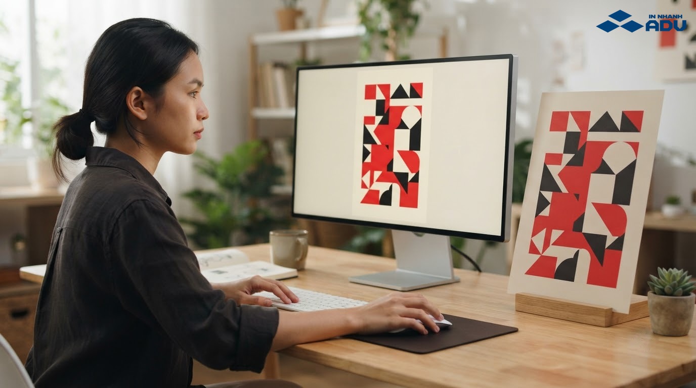 Người dùng thiết kế bố cục poster A4 trên máy tính