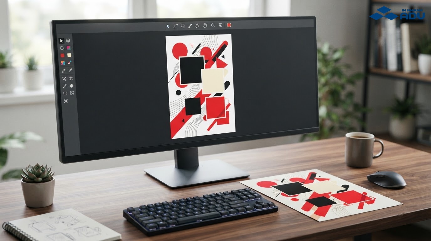 Trang A4 đang được dàn bố cục poster bằng các khối hình trên máy tính