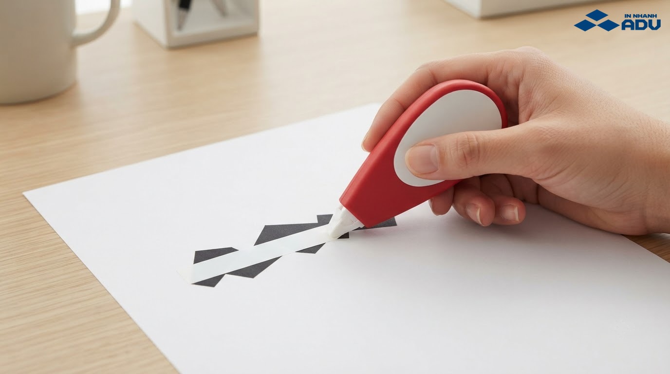Bút xóa kéo phủ dải trắng lên lỗi in trên giấy A4