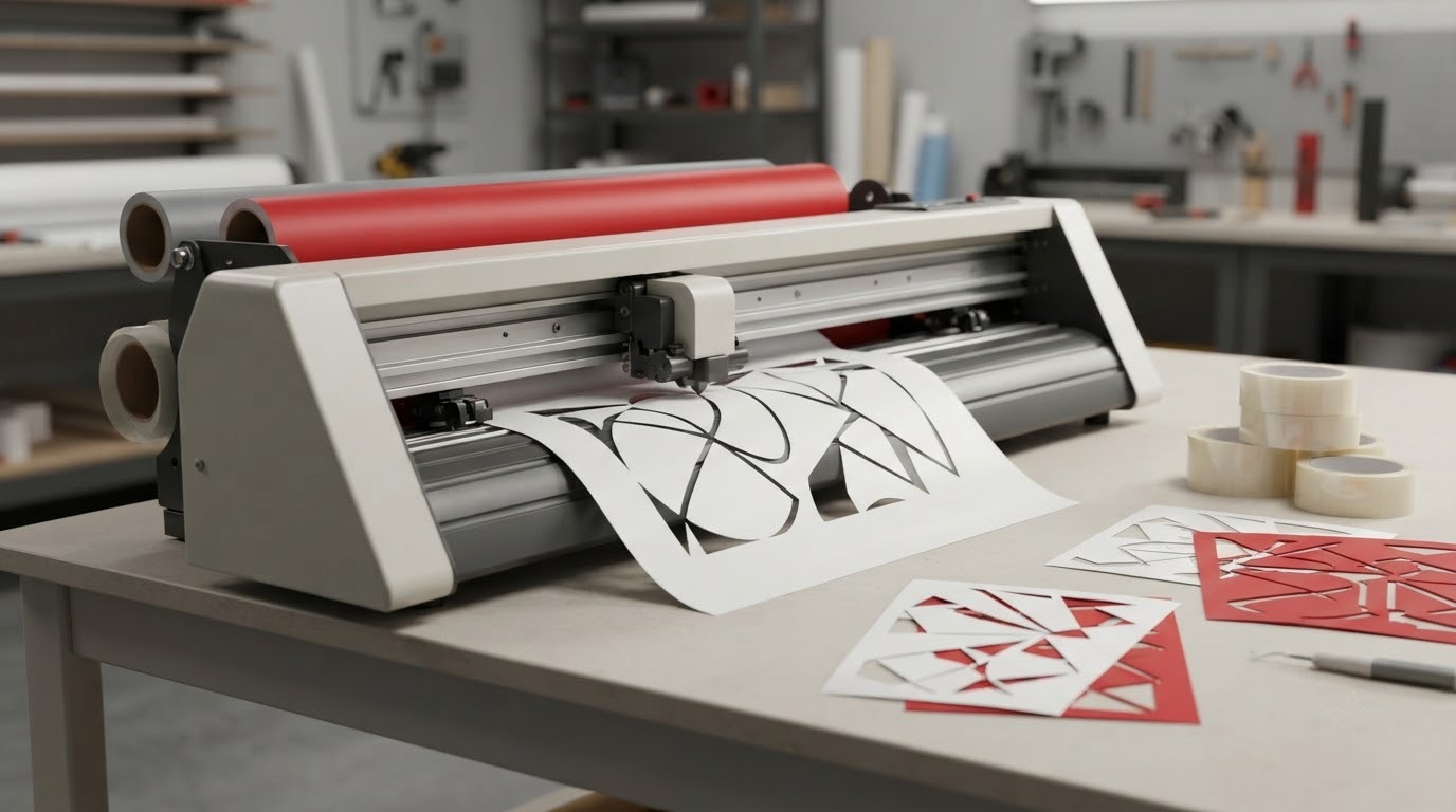 Máy cắt decal vi tính đang gia công các chi tiết vinyl màu trong xưởng