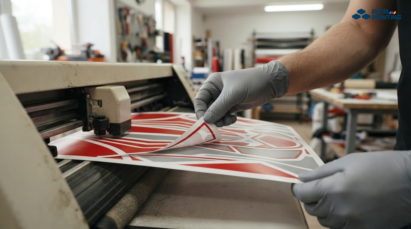 Kỹ thuật viên kiểm tra đường cắt trên tấm decal màu vừa ra khỏi máy