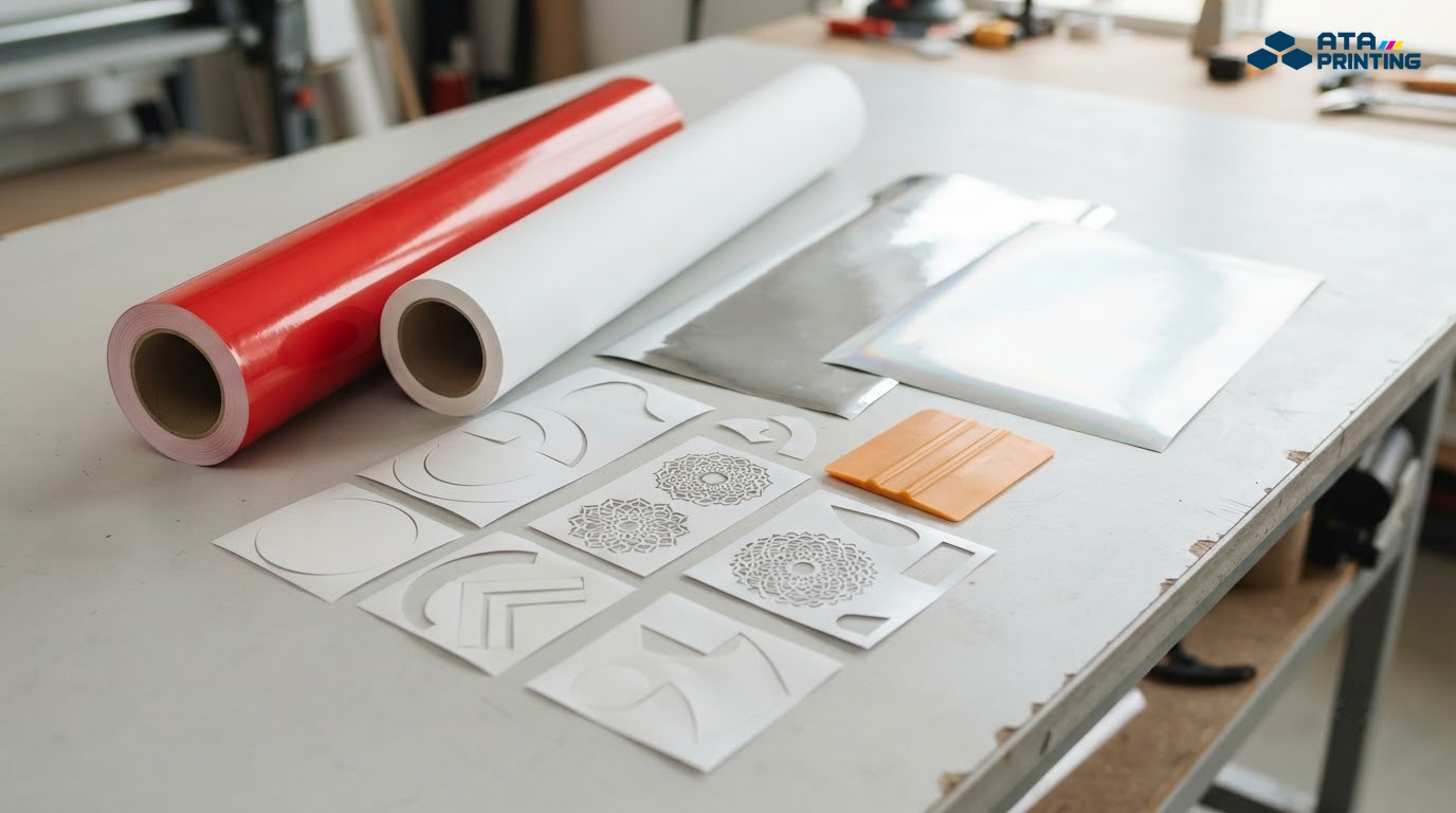 Các cuộn decal màu, decal phản quang và mẫu cắt nhiều độ chi tiết đặt trên bàn