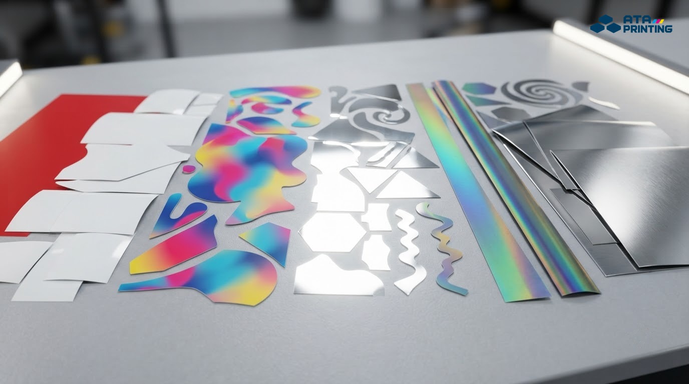 Mẫu decal PVC màu, decal in chuyển sắc, hologram và ánh kim đặt cạnh nhau