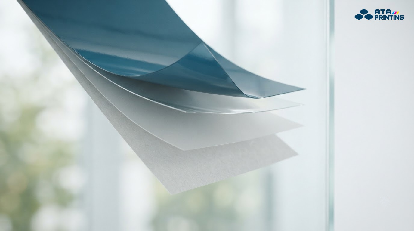 Các lớp vật liệu của tấm decal dán kính được tách nhẹ để thấy cấu tạo