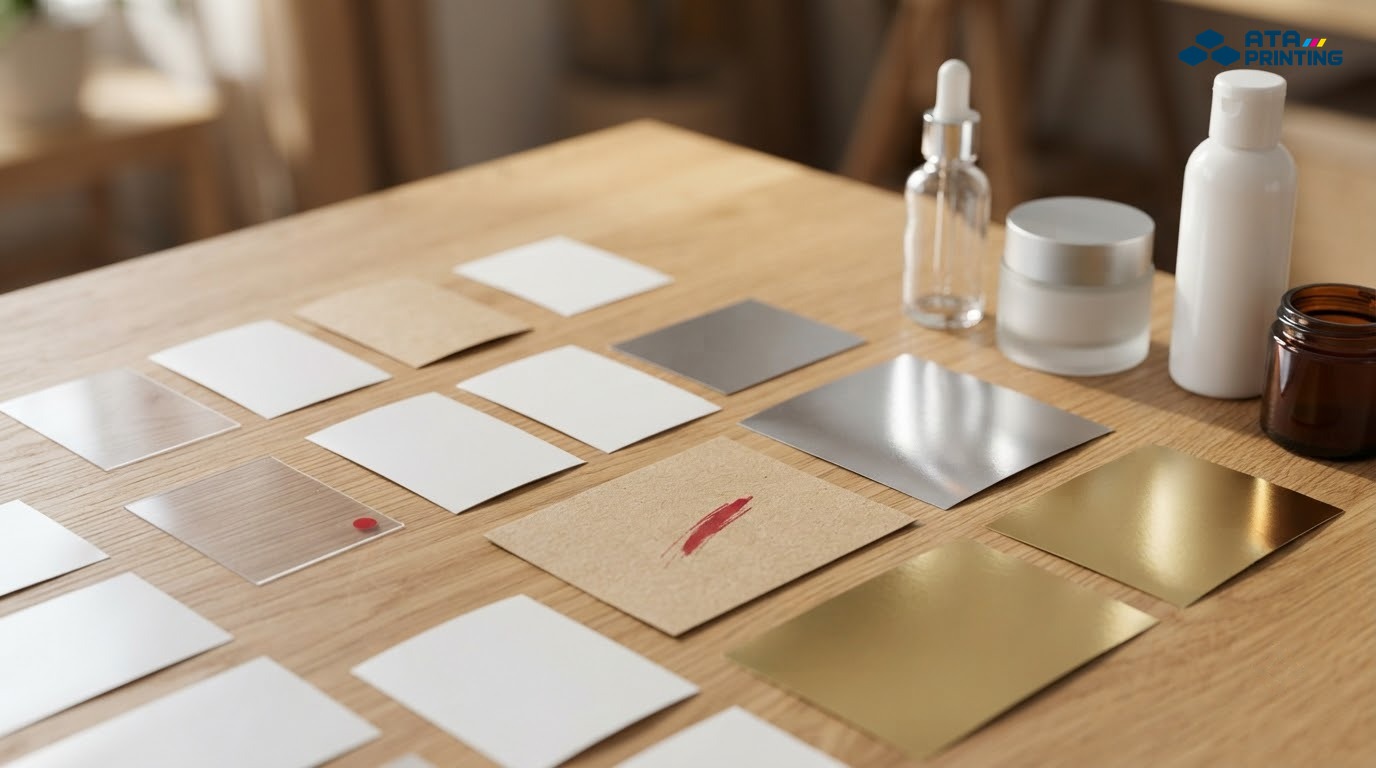 Các chất liệu decal dùng cho tem nhãn mỹ phẩm đặt cạnh bao bì mẫu