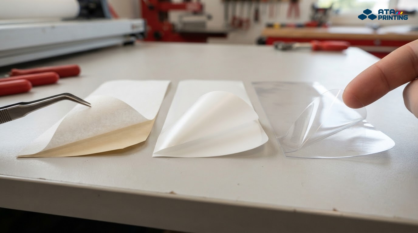 Mẫu decal giấy, decal nhựa sữa và decal trong đặt cạnh nhau để so sánh chất liệu