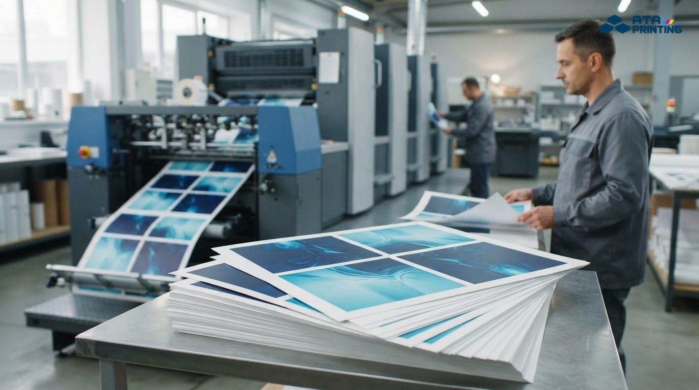 Máy in công nghiệp đang in các tờ catalogue màu trước công đoạn thành phẩm