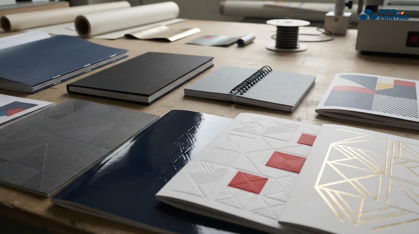 Các mẫu catalogue thể hiện cán mờ, cán bóng, đóng quyển và hiệu ứng gia công sau in