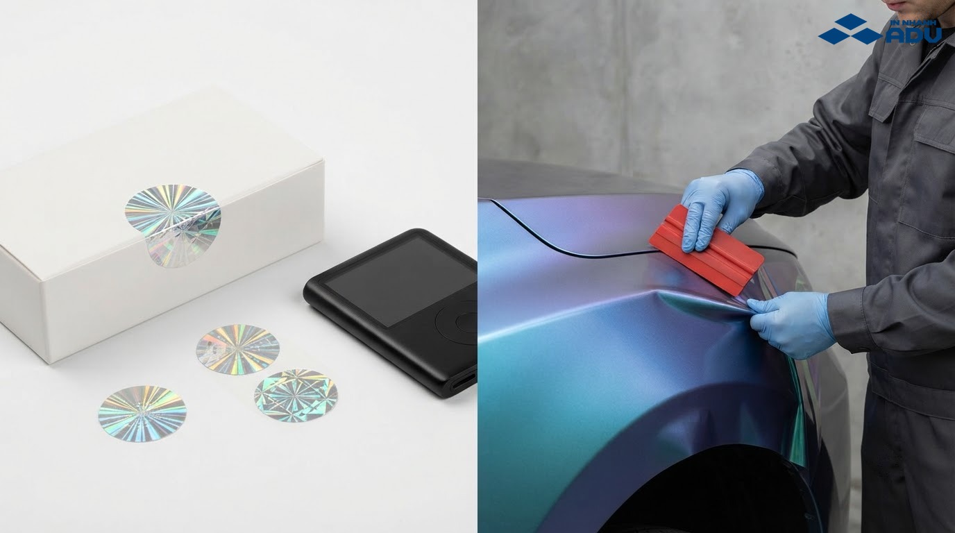 So sánh tem hologram nhỏ và decal 7 màu khổ lớn dán xe