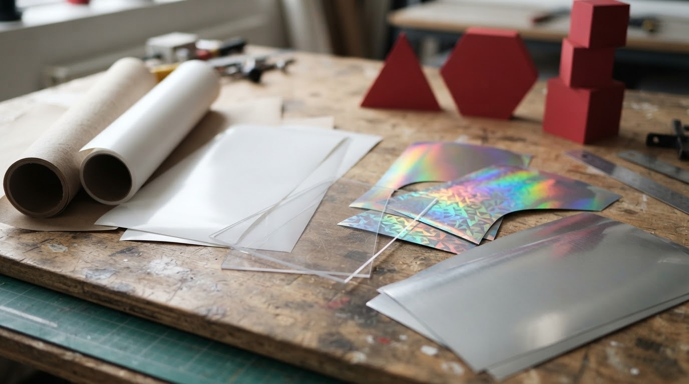 Các mẫu decal giấy, decal nhựa và decal kim loại đặt cạnh nhau trên bàn in