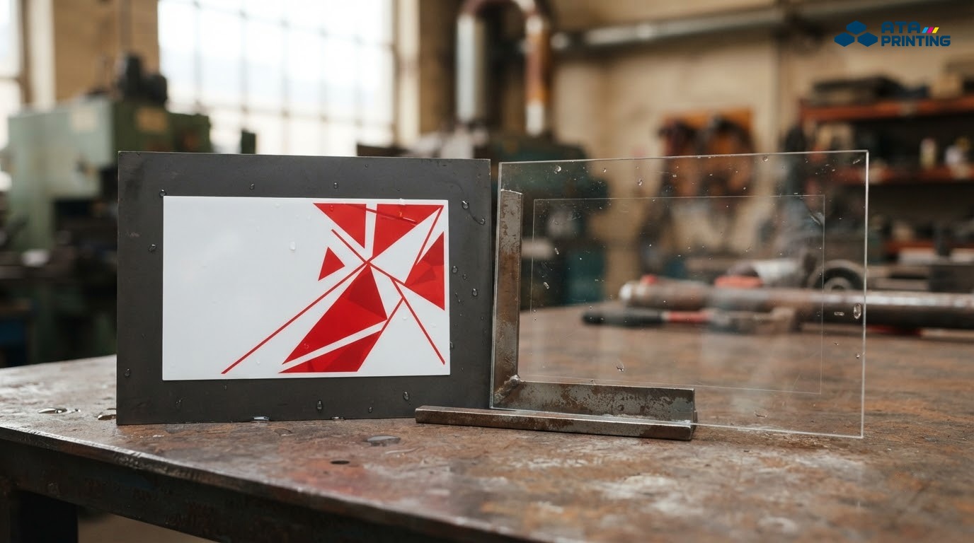 Mẫu decal nhựa PVC trắng đục và PVC trong suốt trên bề mặt kính và kim loại