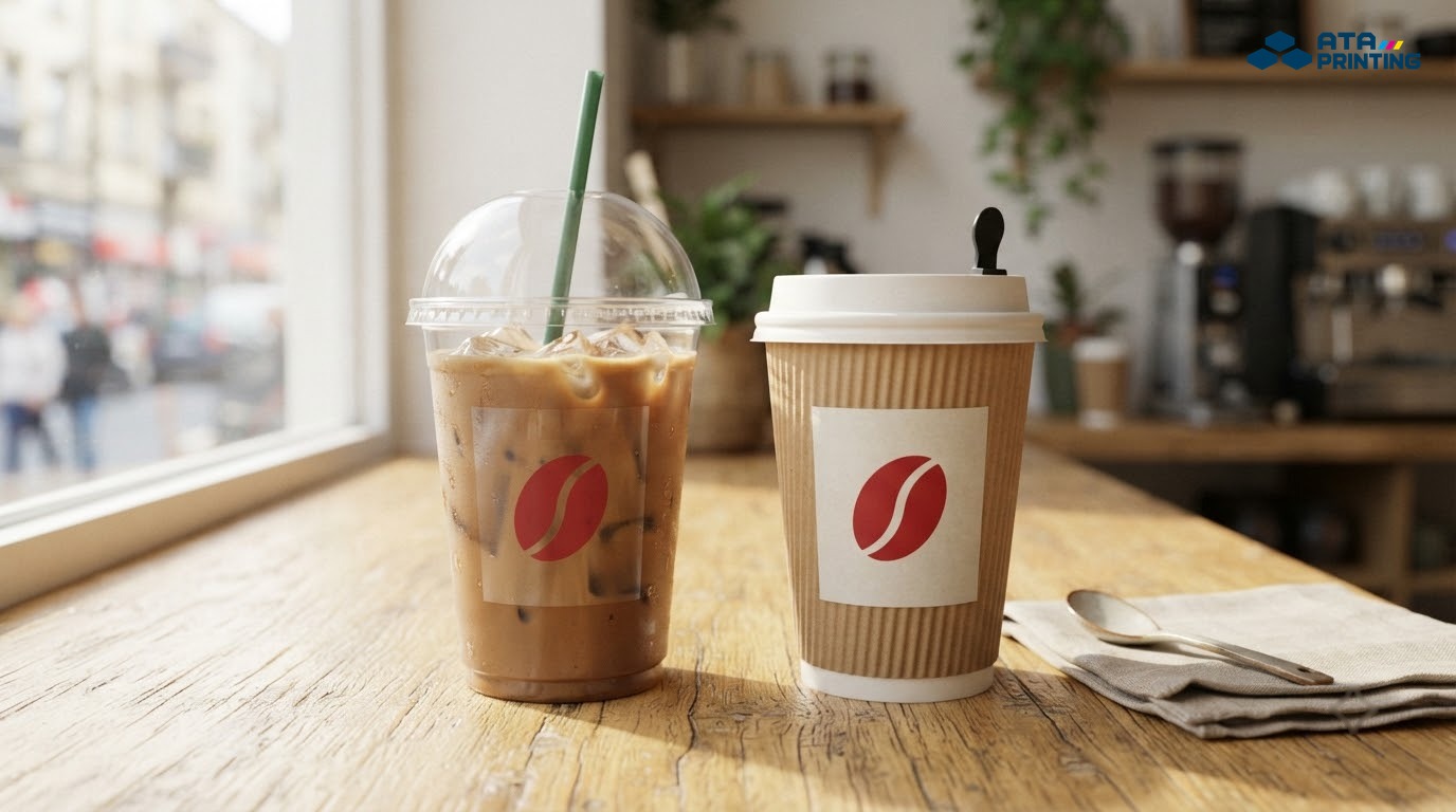 Decal biểu tượng cafe trên ly nhựa trong và ly giấy kraft