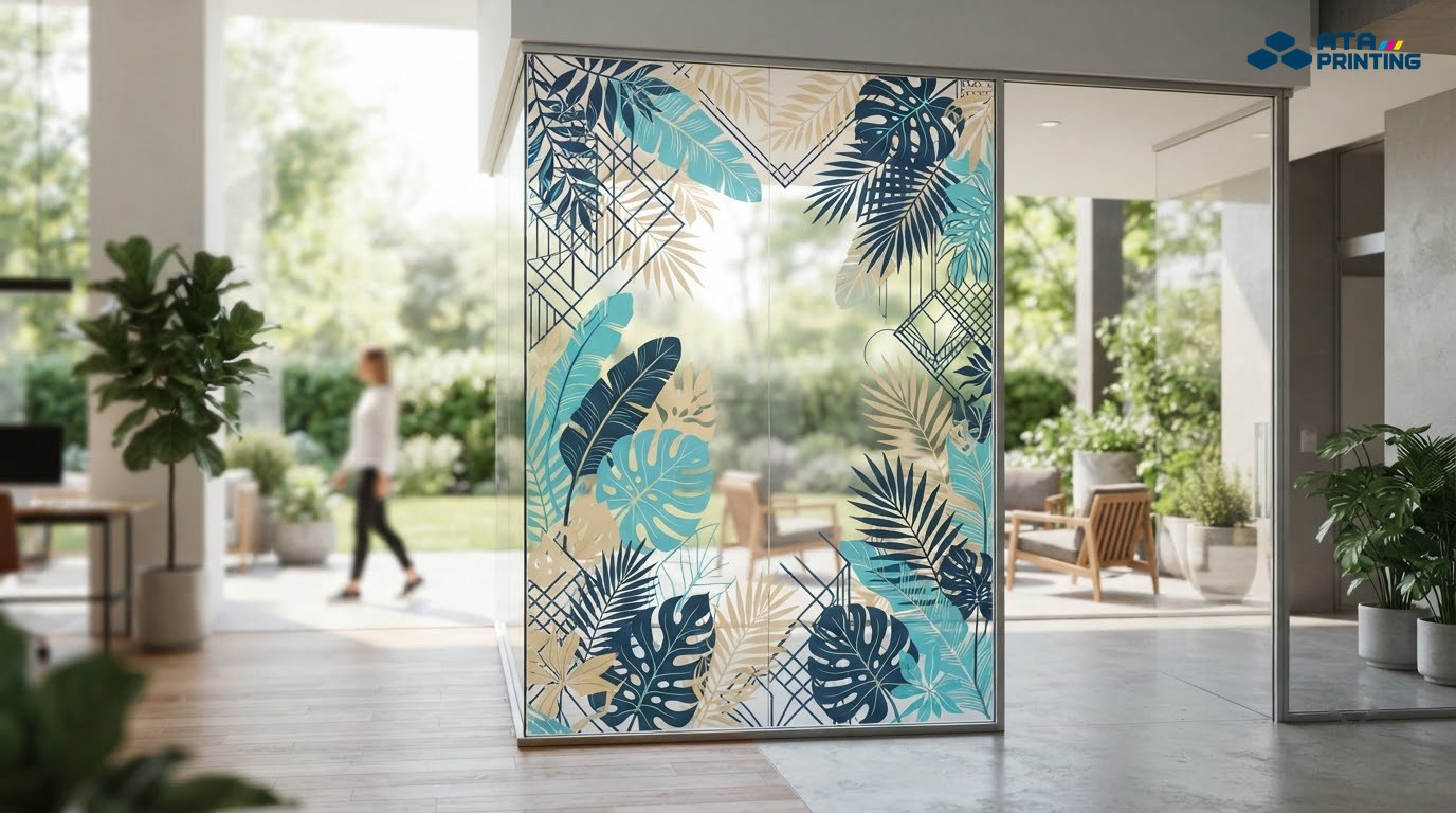 Cửa kính trang trí bằng decal màu với họa tiết lá và hình học hiện đại