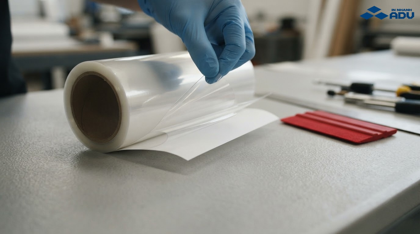 Cuộn decal trong được bóc nhẹ để lộ màng nhựa, lớp keo và giấy đế