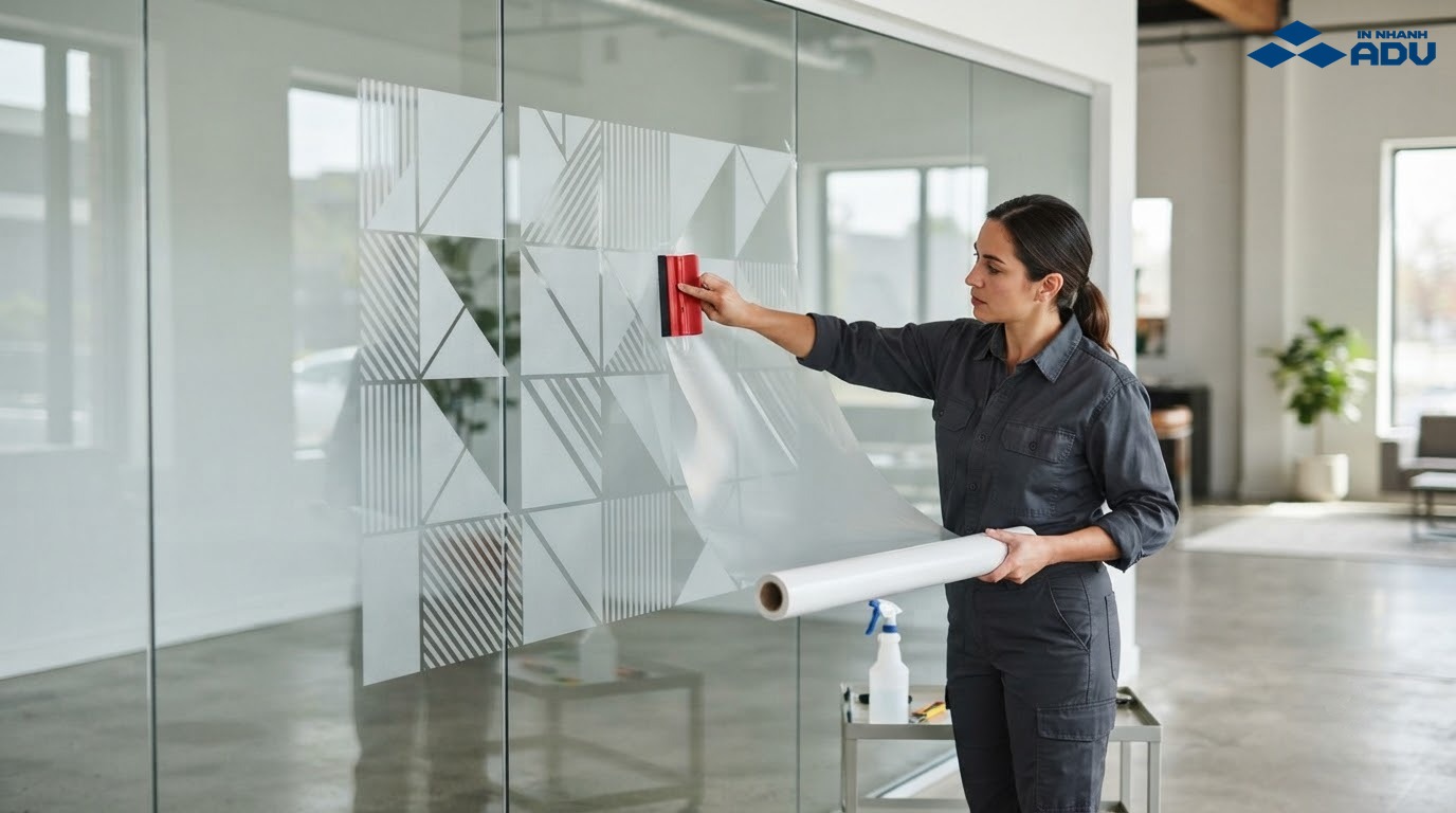 Kỹ thuật viên dán decal trong trang trí lên cửa kính showroom