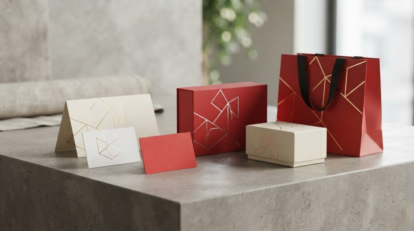 Danh thiếp, hộp giấy và thiệp được ép nhũ kim loại trên bàn trưng bày