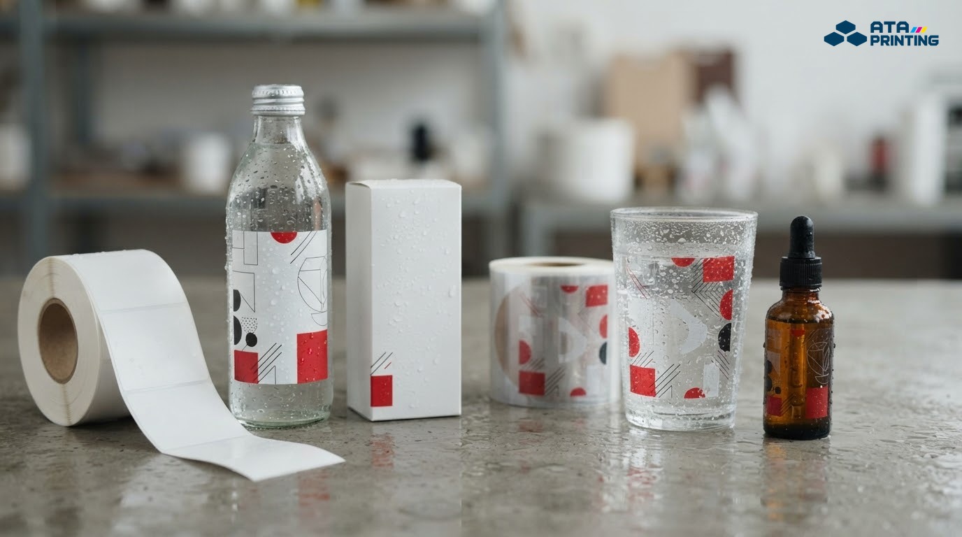 Tem decal nhựa sữa và decal trong dán trên chai lọ trong môi trường ẩm