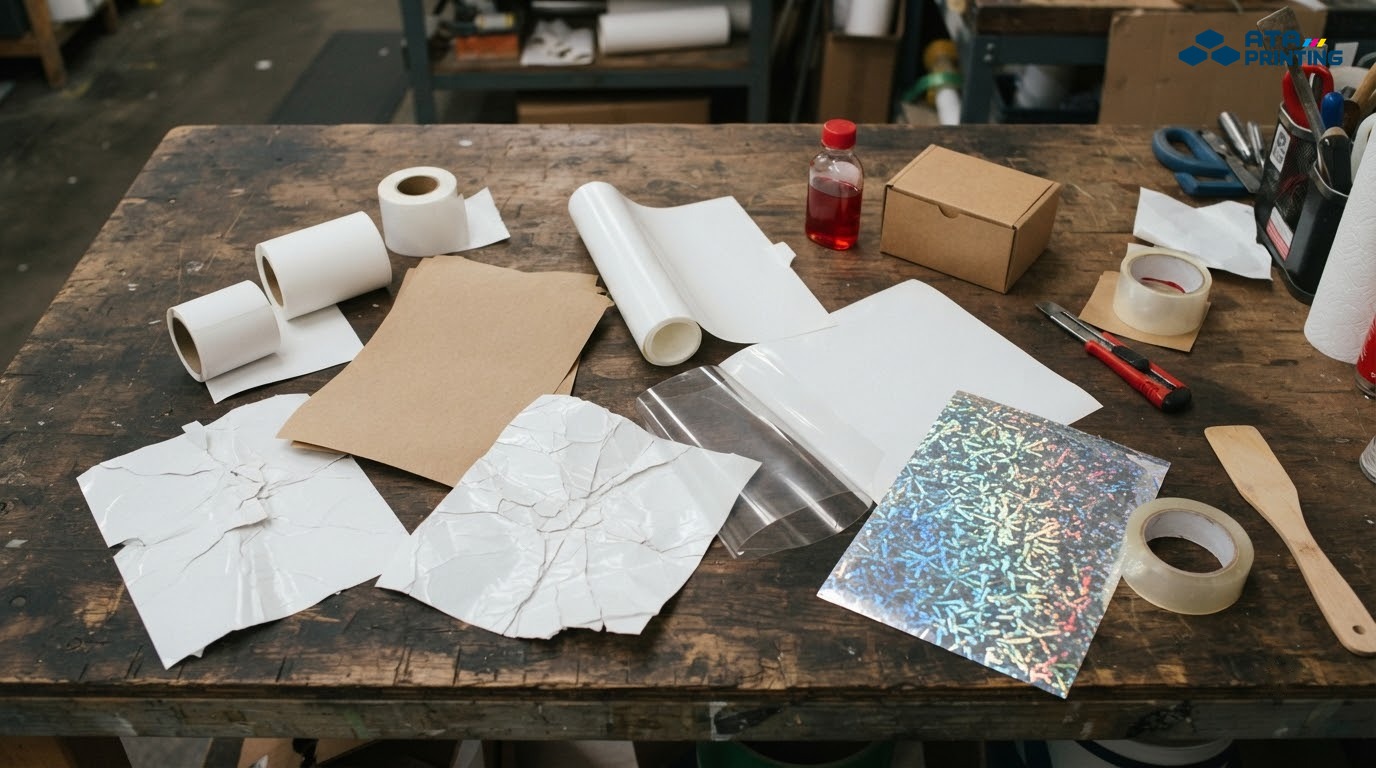 Mẫu vật liệu decal giấy, PVC trắng, decal trong và hologram đặt cạnh sản phẩm