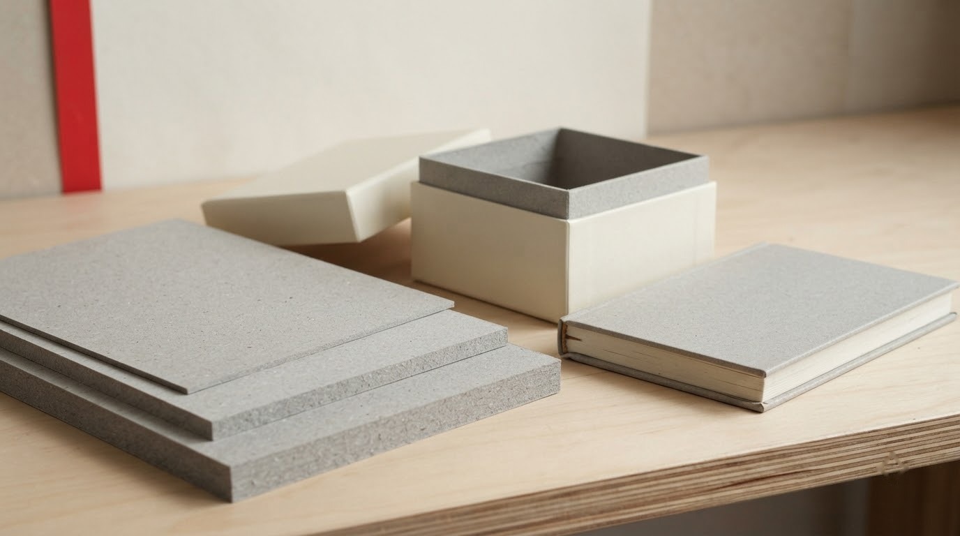 Tấm giấy chipboard xám đặt cạnh hộp cứng và sổ bìa cứng thành phẩm