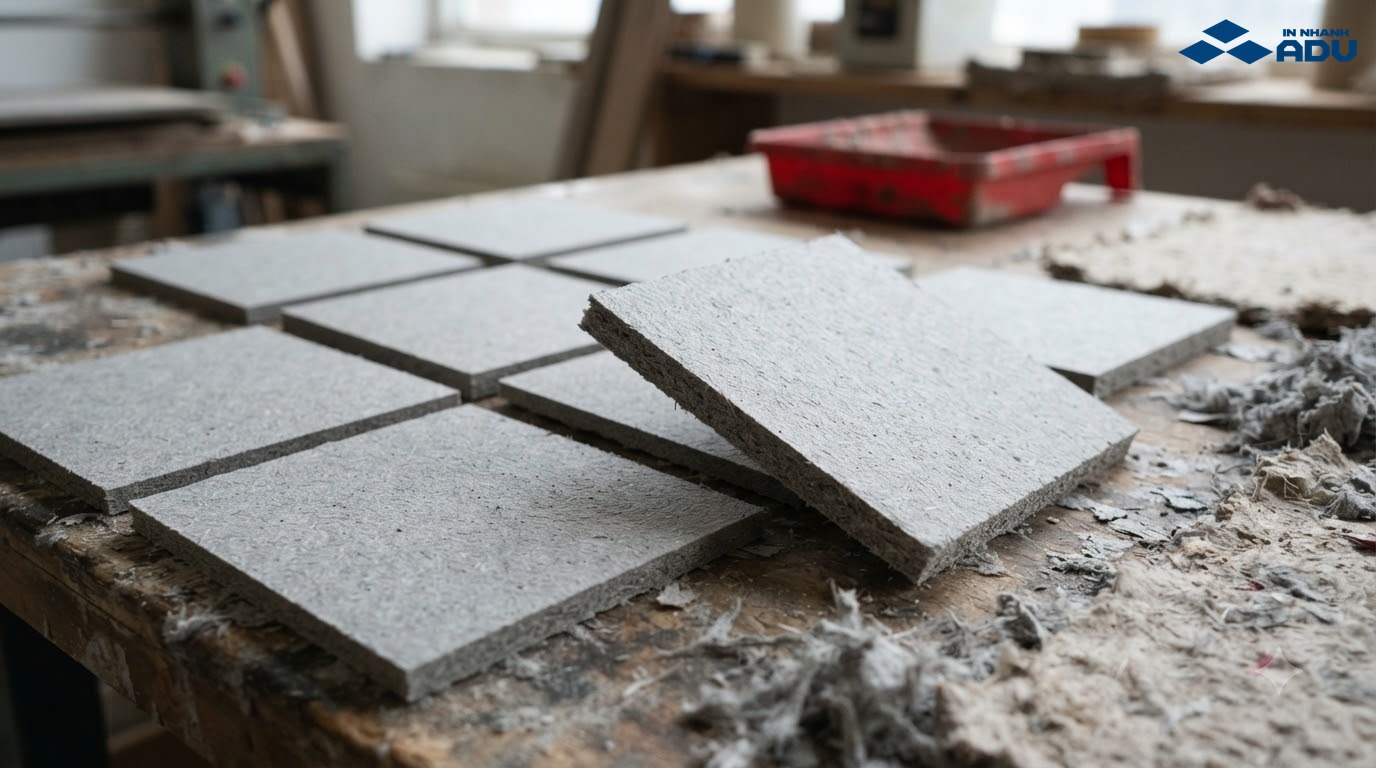 Các tấm giấy chipboard xám đặc và cứng làm từ bột giấy tái chế