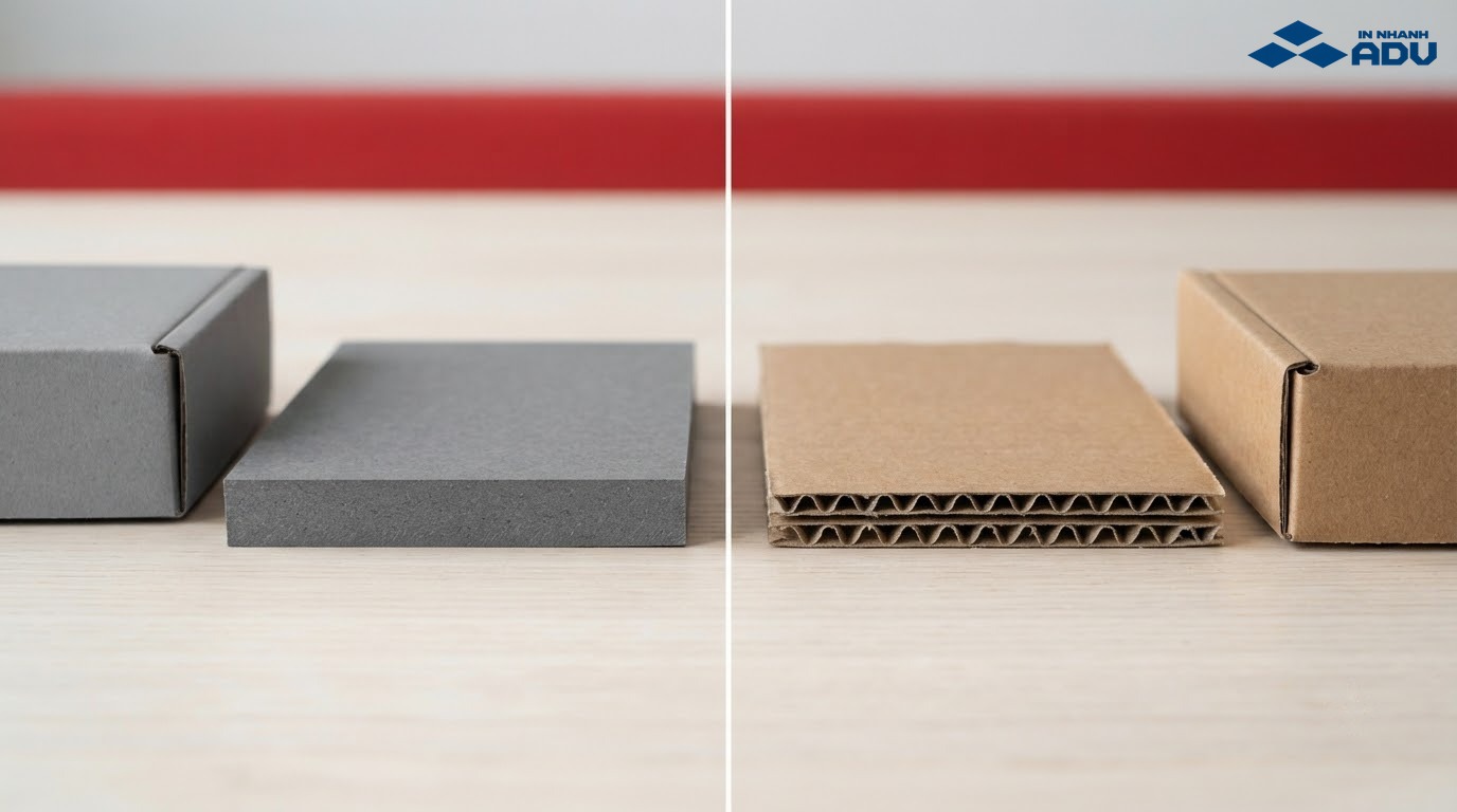 Mép cắt giấy chipboard đặc đặt cạnh carton có lớp sóng rỗng
