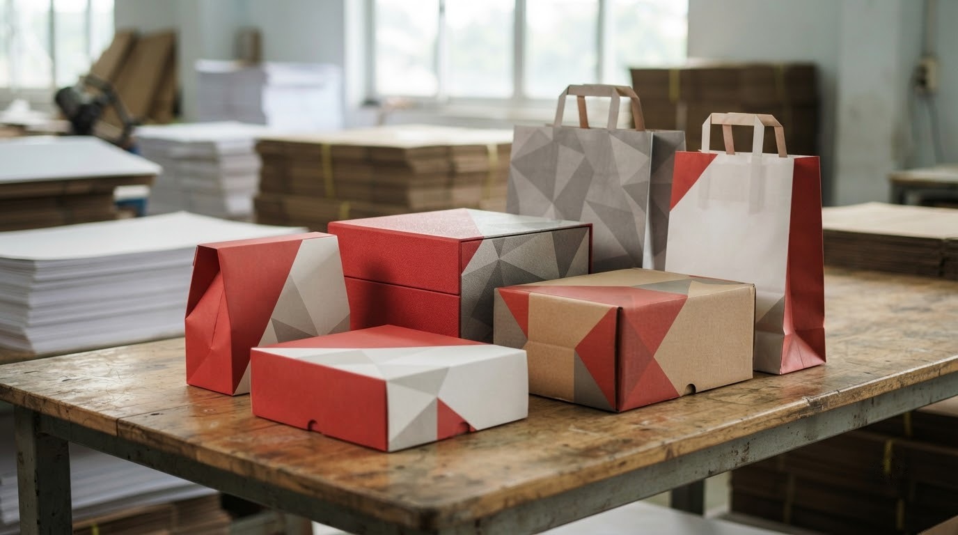 Bộ hộp và túi giấy được sản xuất tại xưởng in bao bì