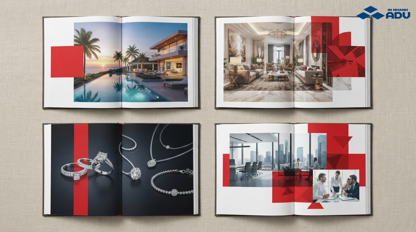 Catalogue bìa cứng cho bất động sản, nội thất, trang sức và hồ sơ năng lực
