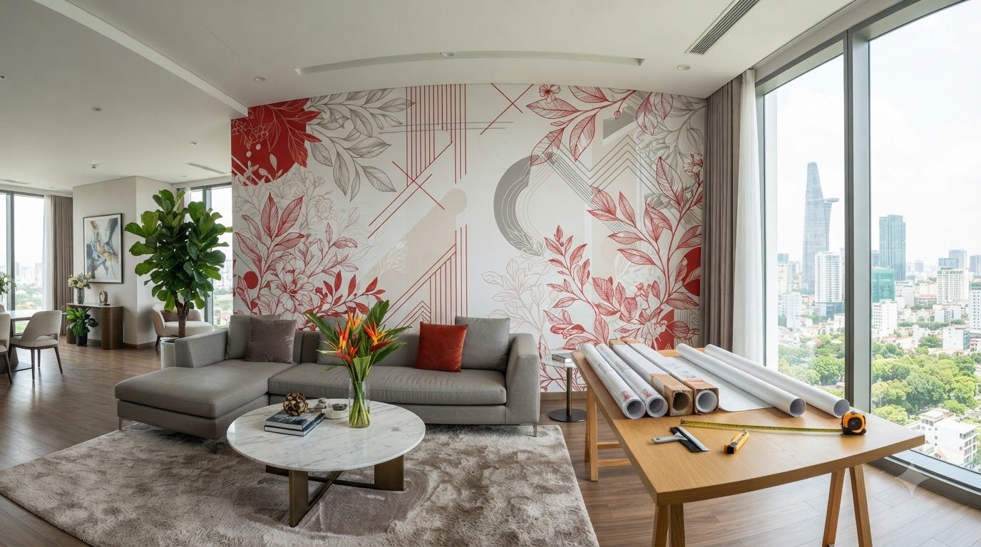 Không gian phòng khách trang trí bằng bộ decal dán tường in theo yêu cầu