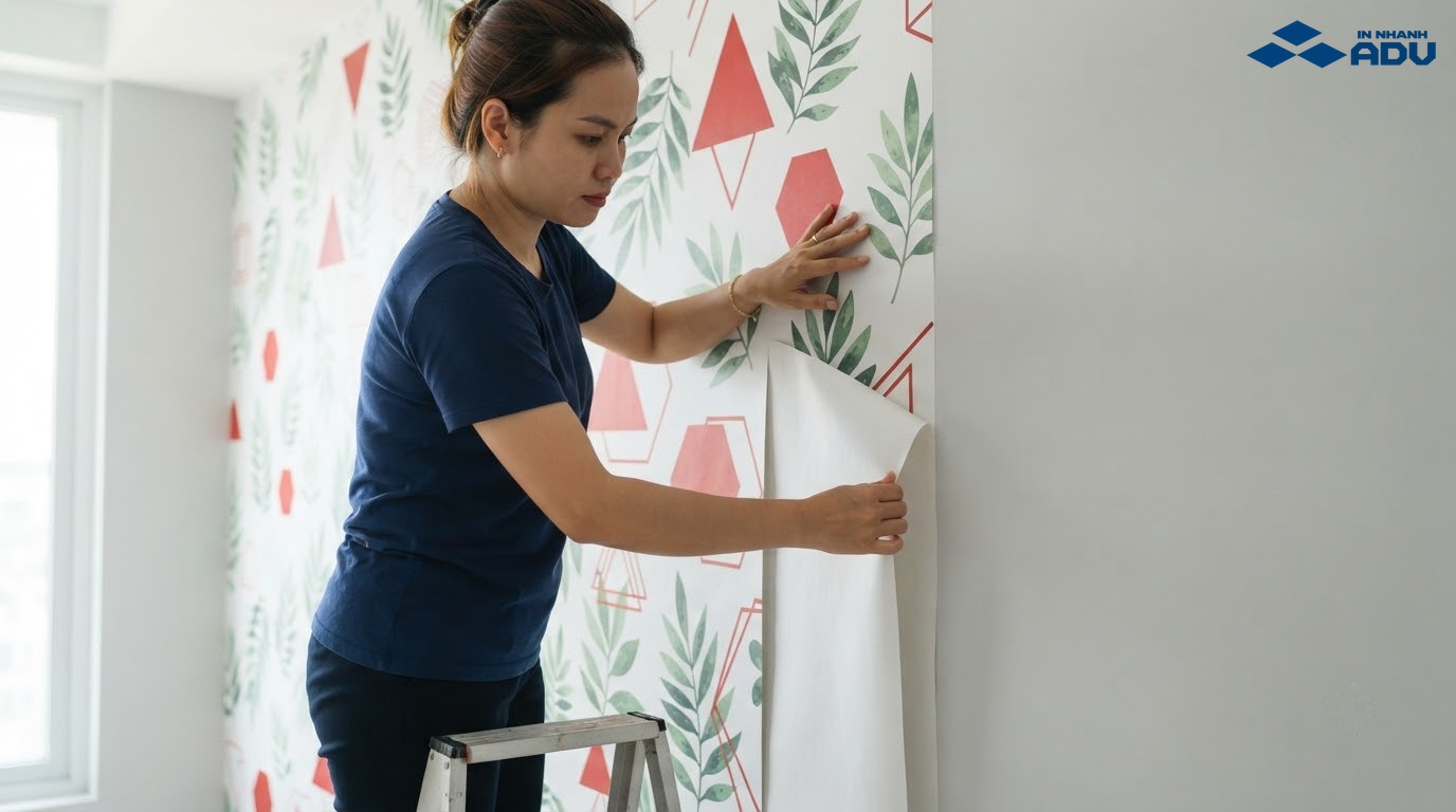 Cuộn decal trang trí in theo kích thước riêng đang được dán lên tường phòng khách