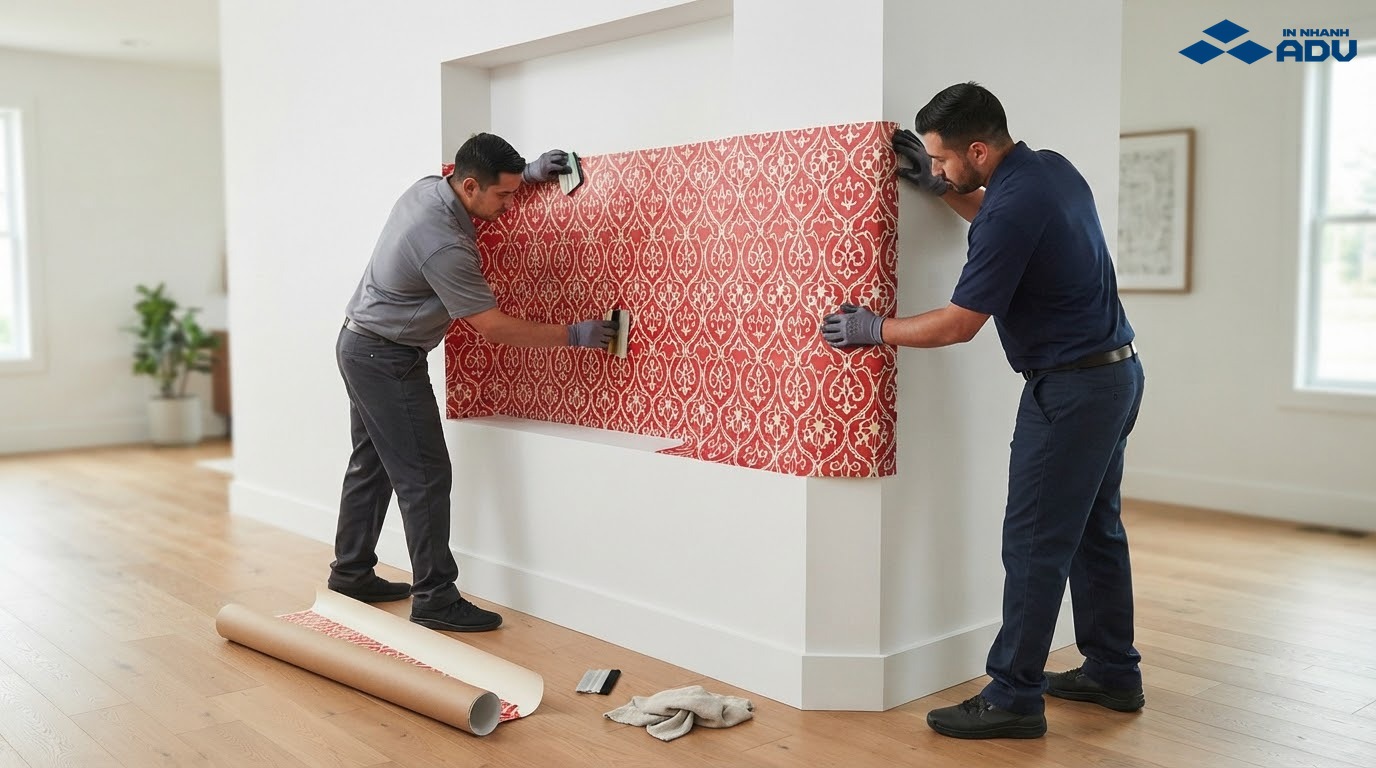 Nhân viên đo mảng tường để thiết kế decal vừa đúng không gian