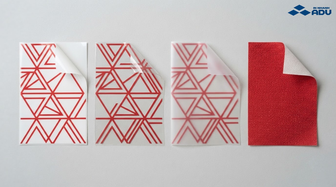 Bốn mẫu decal sữa, decal trong, PP có keo và decal vải đặt cạnh nhau