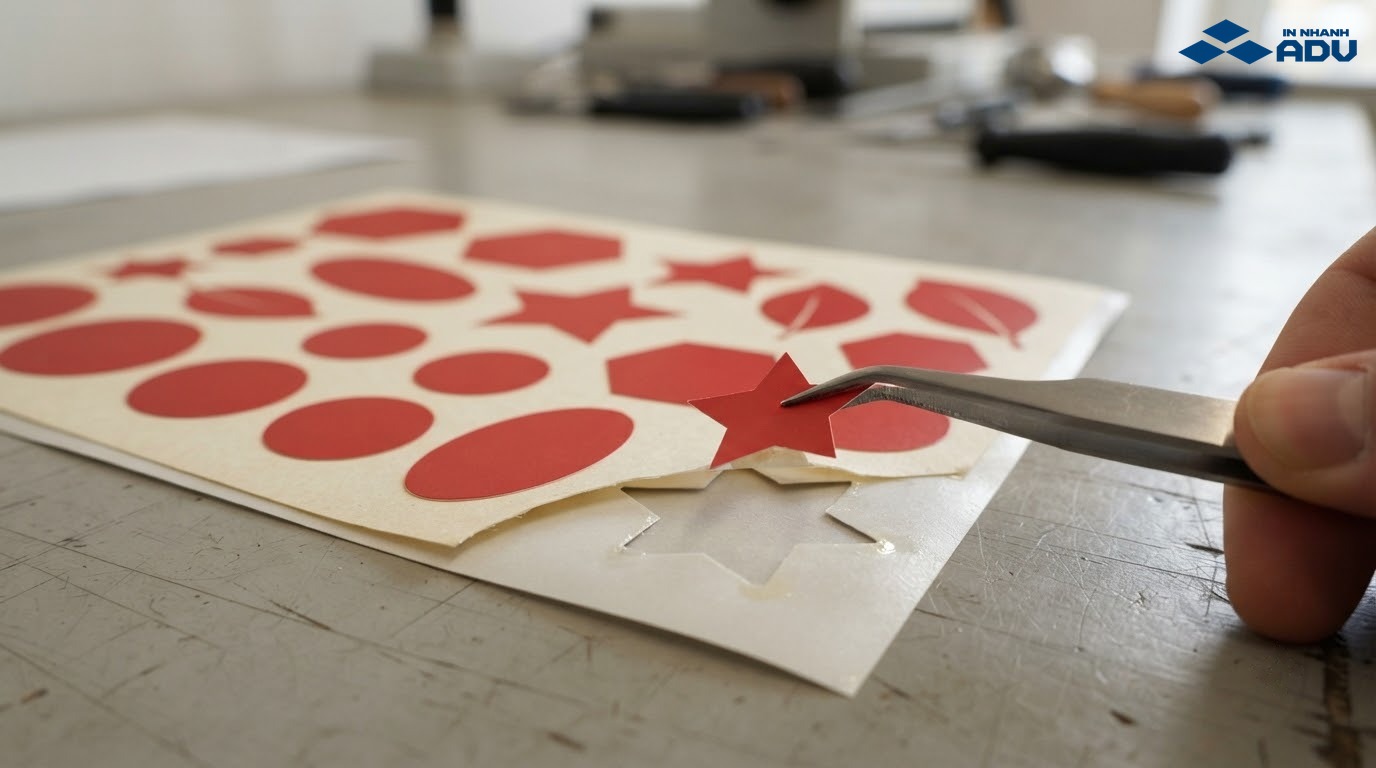 Tờ decal giấy bế demi nhiều hình với một tem được bóc khỏi lớp đế