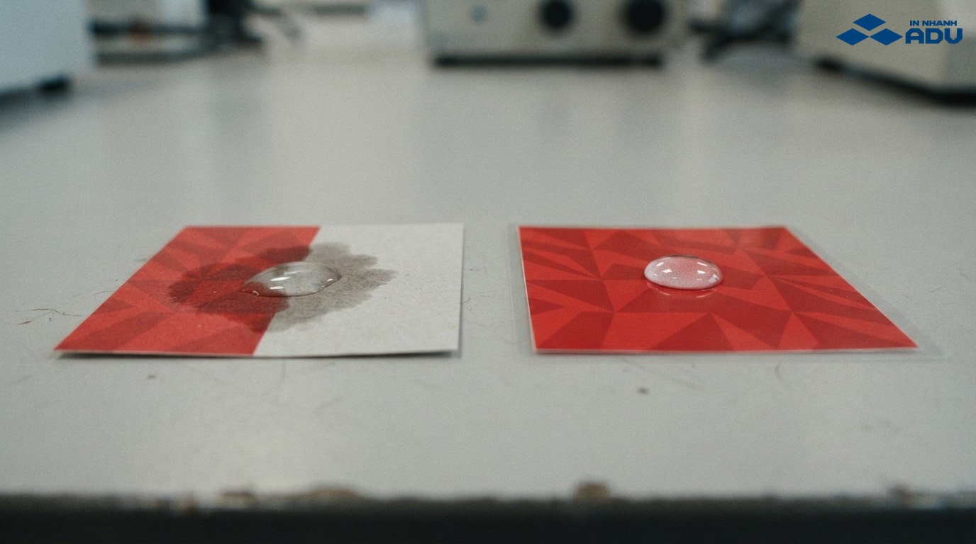 Mẫu decal giấy chưa cán màng và mẫu cán màng khi tiếp xúc giọt nước