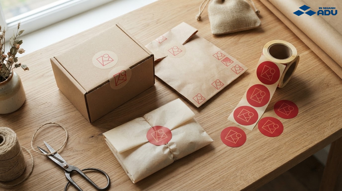 Sticker giấy biểu tượng hình học dán trên túi giấy và hộp giao hàng